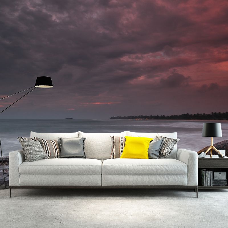 Grey-White Tropix Wall Mural Decal Big Nightfall Seashore with Forest Afar Wall Decor for Bedroom