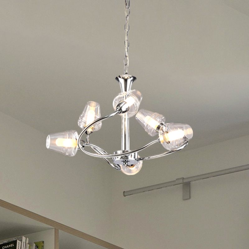 Cone Chandelier Lighting Modernist Clear Glass Multi Lights Led Chrome Ceiling Pendant Lamp with Curved Arm and Chain