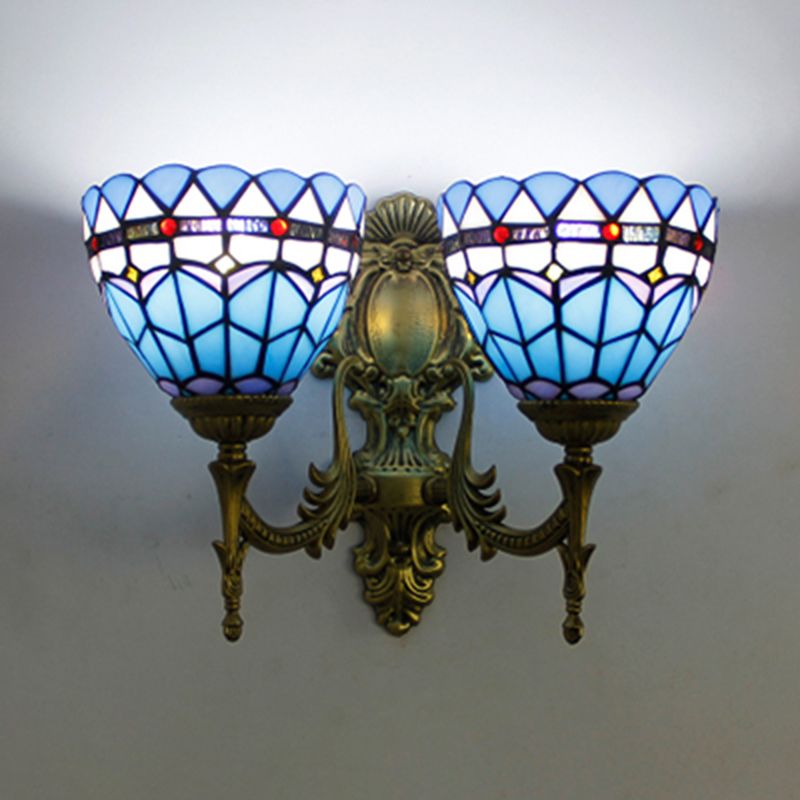 Baroque Bowl Wall Light Fixture Stained Glass 2 Heads Sconce Lighting in Antique Brass for Living Room