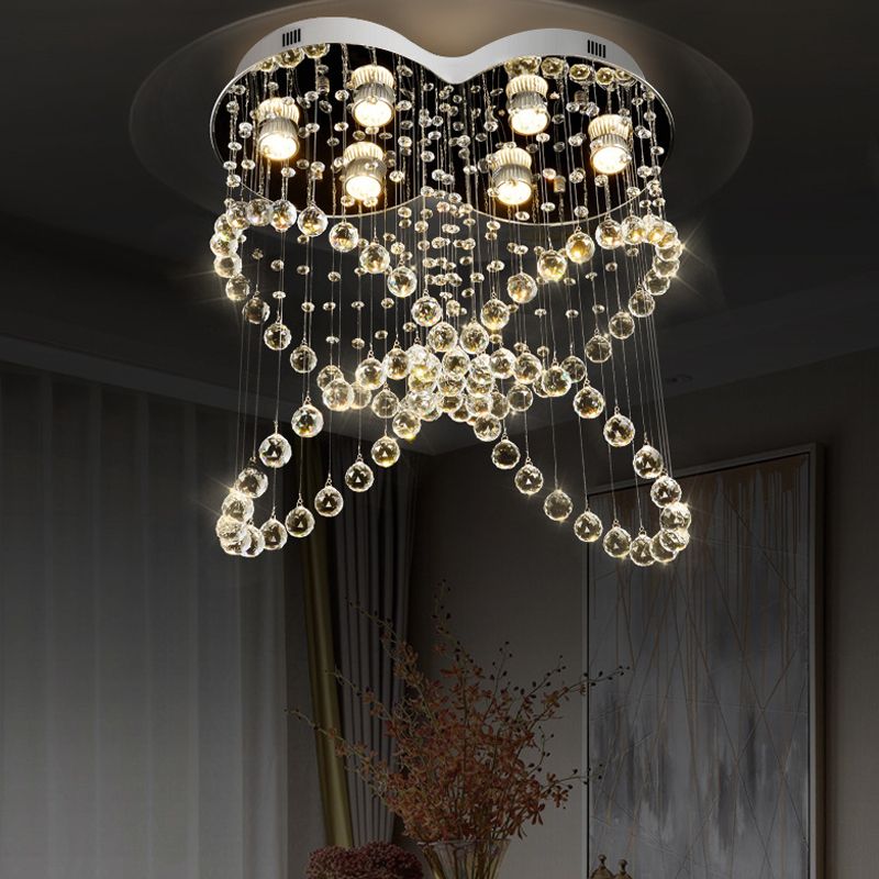 6-Light Crystal Orb Flush Mount Moderne Roestvrij staal Vlinder Slaapkamer Plafond Lamp