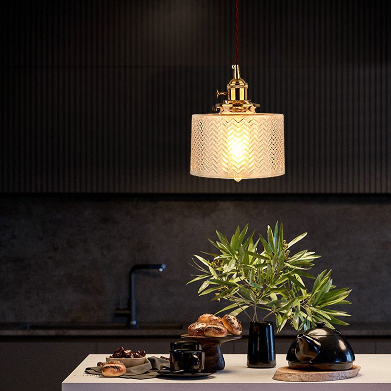 Cylinder Pendant Light Fixture Industrial Rippled Glass Hanging Pendant Lights for Bar