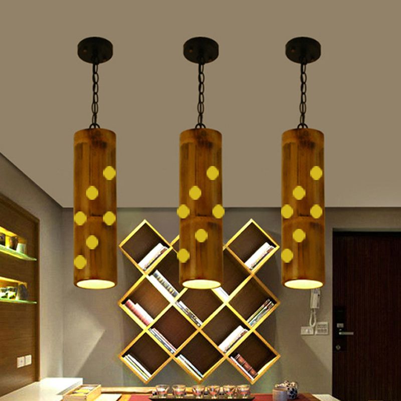 Bamboo Etched Tubular Hanging Light Kit Warehouse 1 Light Dining Room Ceiling Pendant in Brown