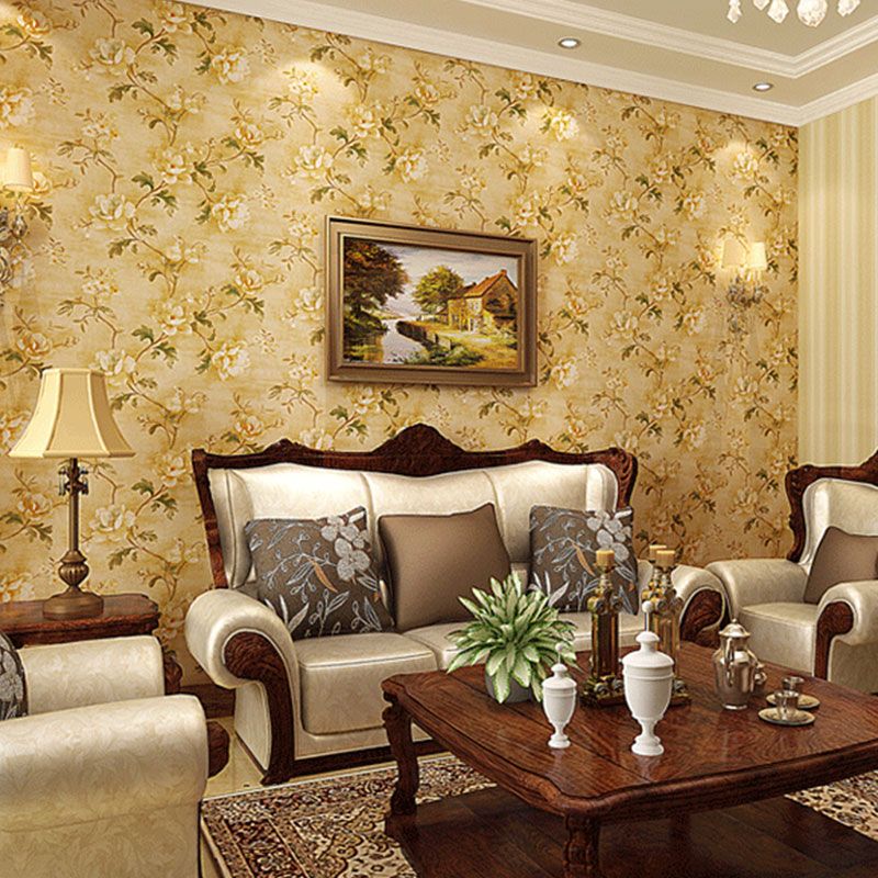 Non-Pasted Wallpaper Roll with Beige and Green Blossoming Flower Design, 20.5 in x 33 ft