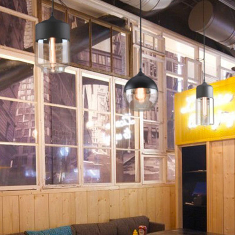 Lampada a sospensione in vetro trasparente a 1 luce, luce sospesa industriale contemporanea con top metallico
