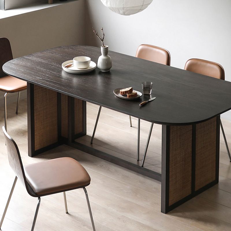 Modern Ash Wood Dining Table Oval Wooden Table with Double Pedestal in Black