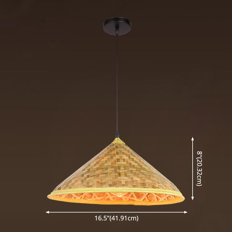 Asian Inspired Farmers Hat Pendant Bamboo Woven 1 Head Diner Ceiling Lamp in Wood