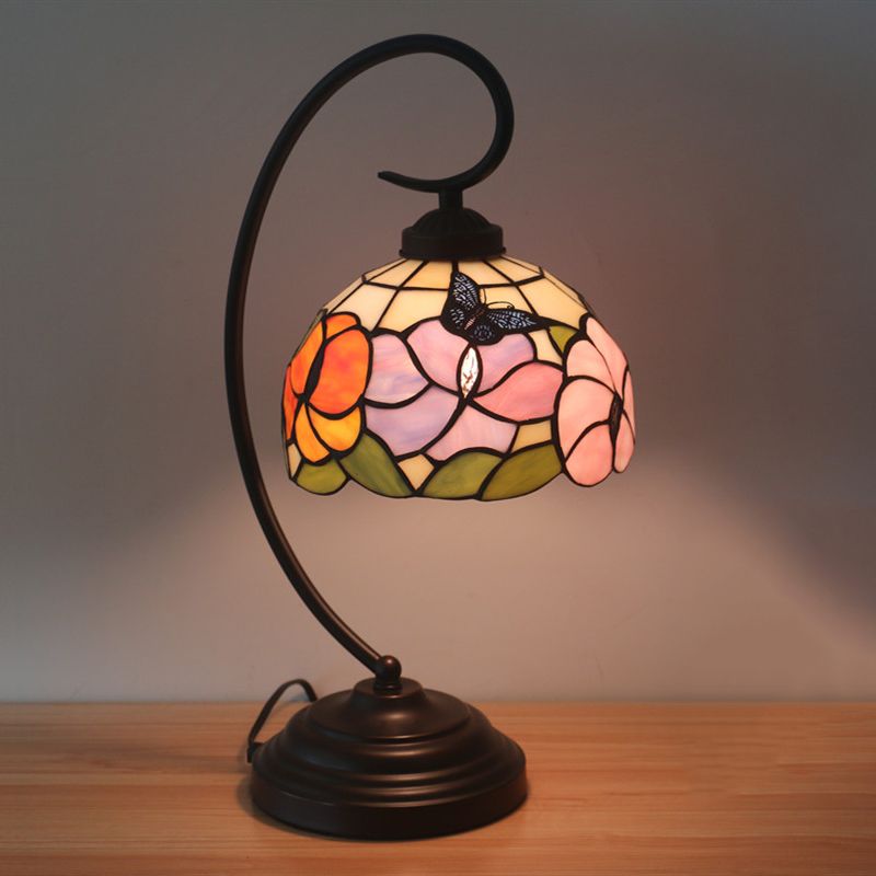 Victorian Bowl Nightstand Lighting 1 Light Stained Glass Pink/Purple Flower Patterned Task Light with Swirl Arm