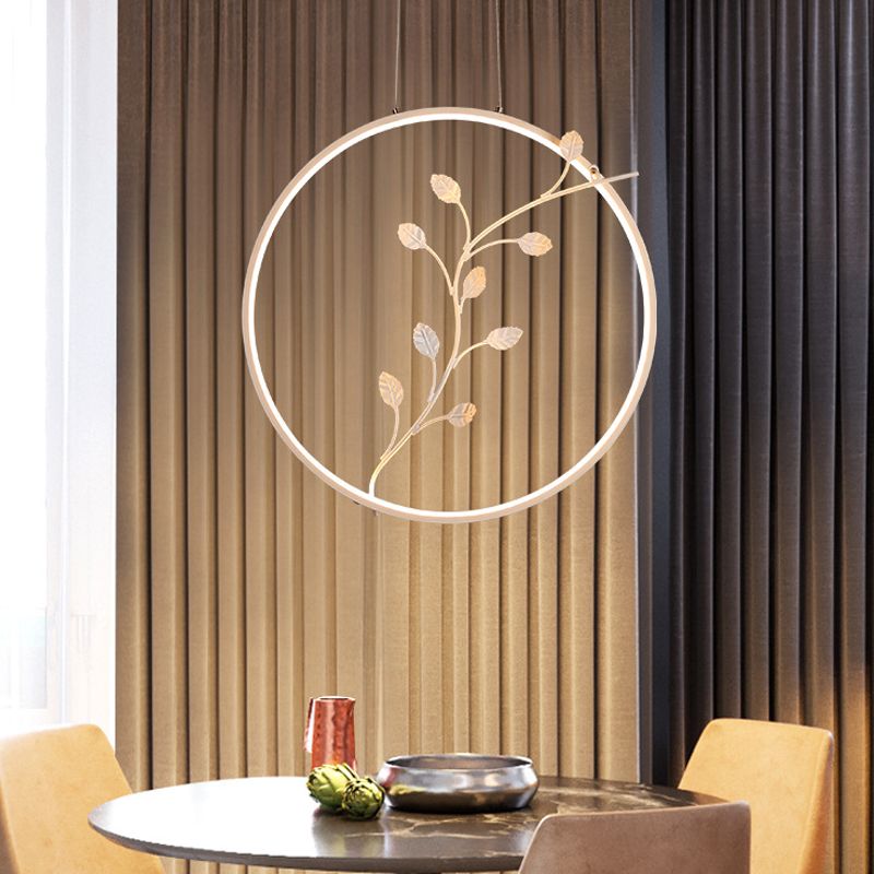 Ring Acrylic Hanging Light Minimalist LED White Suspension Lamp with Branch Deco in Warm/White Light