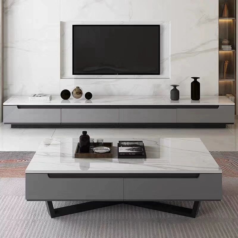 Marble Top Abstract Coffee Table with Storage Contemporary White