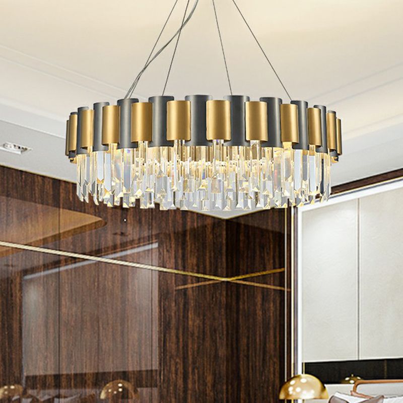 Circular Crystal Prism Hanging Lamp Simplicity Gold and Black Chandelier Pendant Light