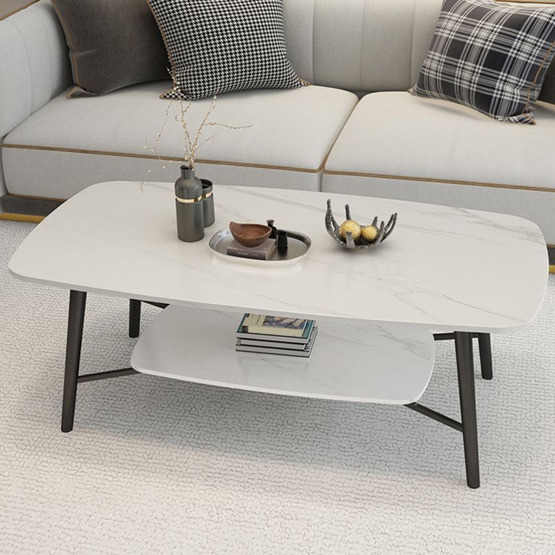 4 Legs 1 Single Coffee Table Rectangular Stone Cocktail Table with Shelf