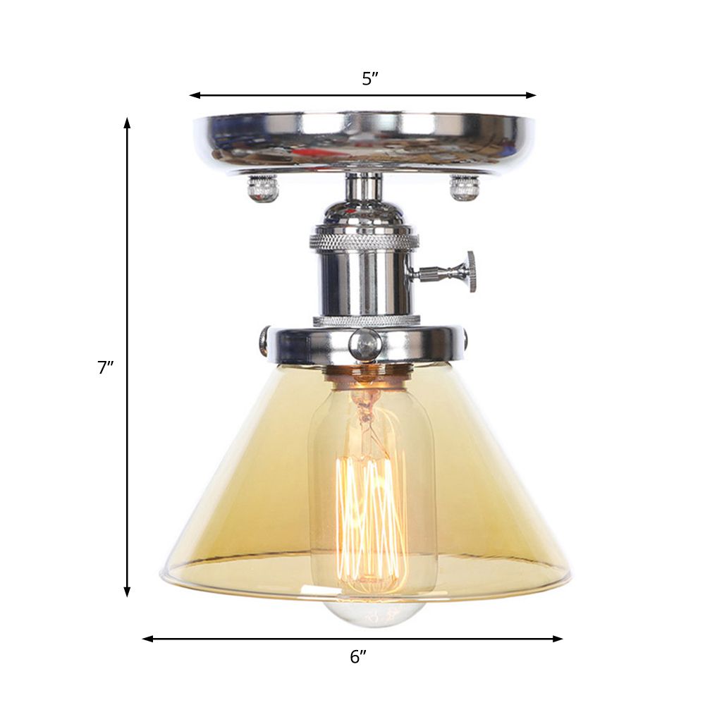 1 Bulb Semi Flush Mount Cone/Bell/Rhombus Industrial Clear/Amber Glass Ceiling Light in Chrome