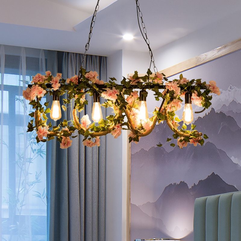 4 Lights Linear Island Lamp with Artificial Plant Lodge Metal Hanging Light in Black