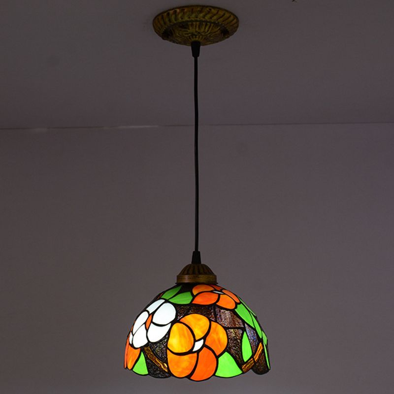 Orange Dome Pendant Light Tiffany Victorian Multicolored Stained Glass Hanging Lamp