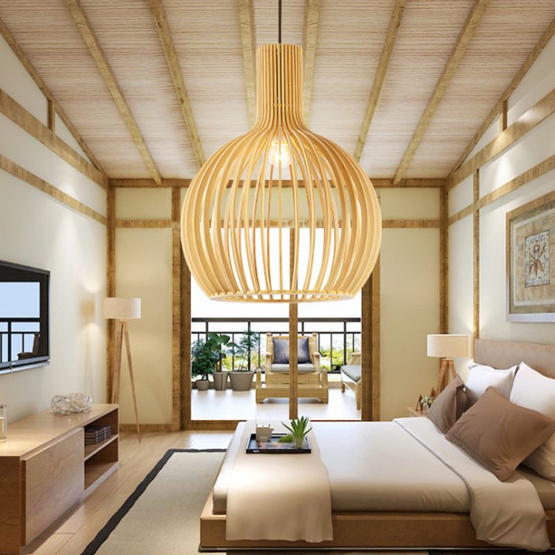 Spherical Caged Pendant Lamp Minimalist Wooden 1-Light Restaurant Hanging Light