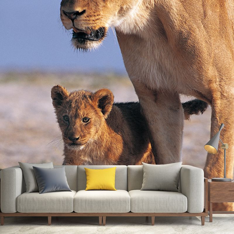 Big Modern Wall Paper Mural Brown Lion Cub with Its Mother Wall Art, Made to Measure