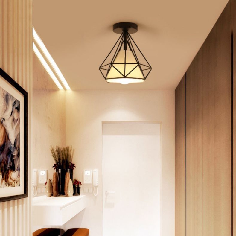 Marco de hierro en forma de diamante techo claro de tela blanca simplicidad mini accesorio de iluminación para corredor de balcón