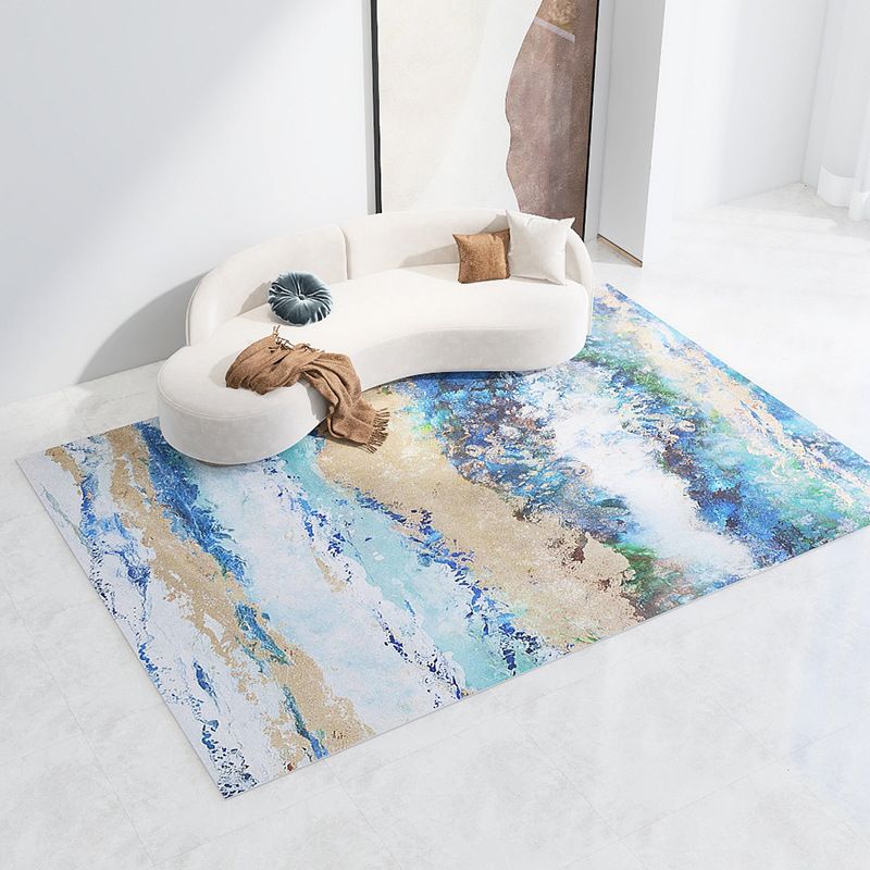 Blue Contemporary Rug Polyester Abstract Print Rug Washable Rug for Drawing Room