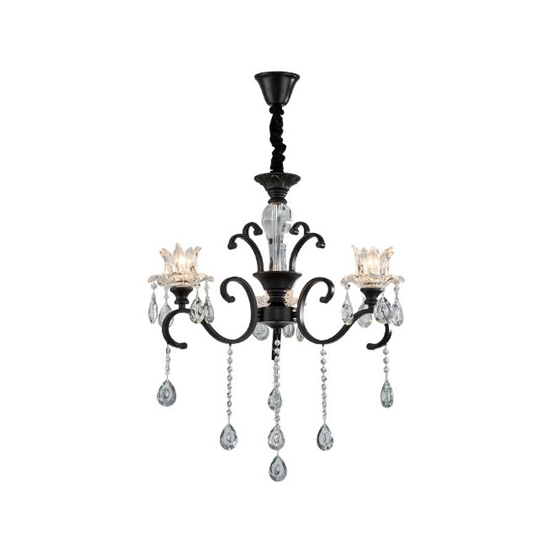 3/6 têtes tourbillonnage du bras tourbillonnant lampe à suspension de métal noir traditionnel avec une nuance de tulipe en cristal transparent