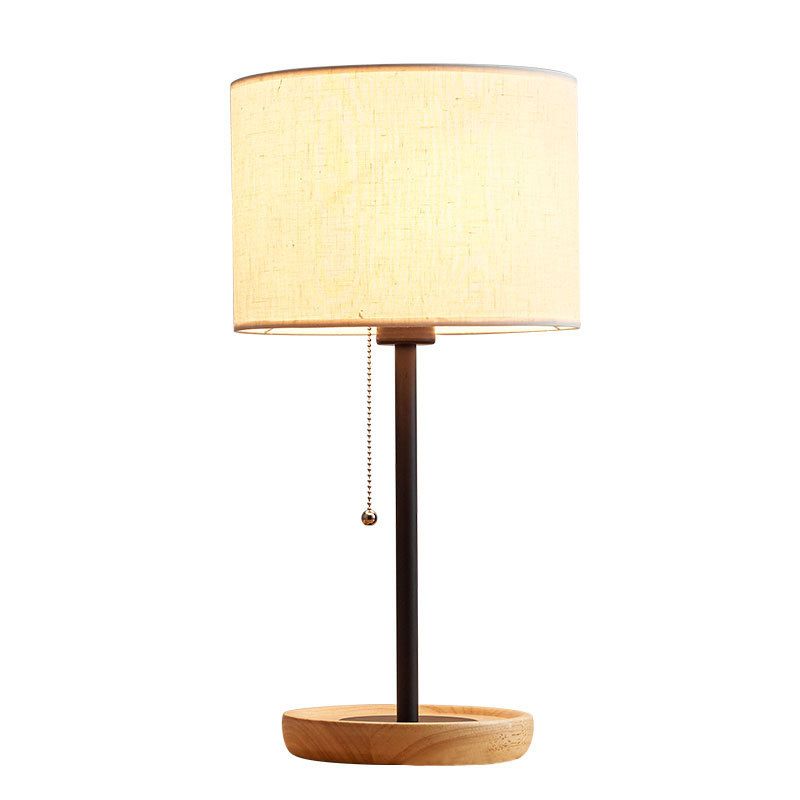 Drum Shaped Study Room Table Lighting Fabric 1��Head Minimalist Nightstand Lamp with Pull Chain