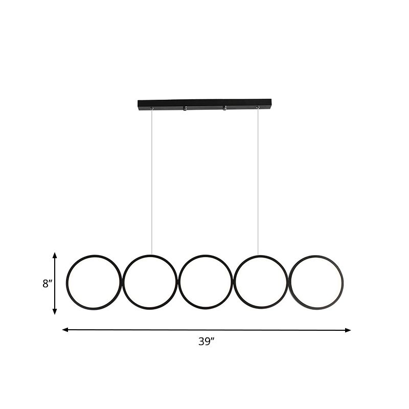 Black 5-Ring Hanging Island Light Simple Metal LED Ceiling Pendant over Table, Warm/White Light