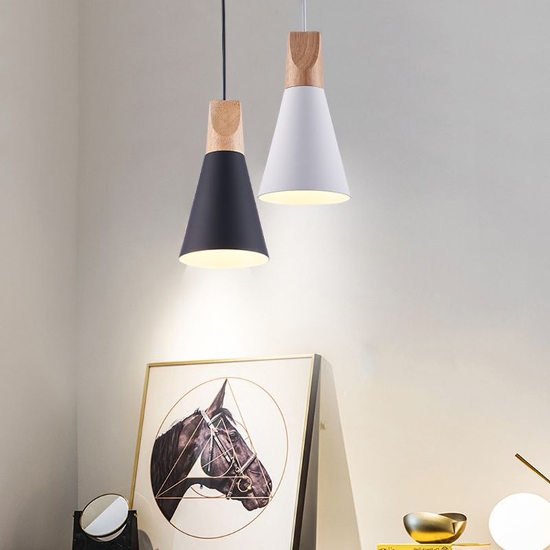 Metal Tapered Hanging Light Nordic Style 1 Light Wooden Top Ceiling Pendant Lamp for Living Room