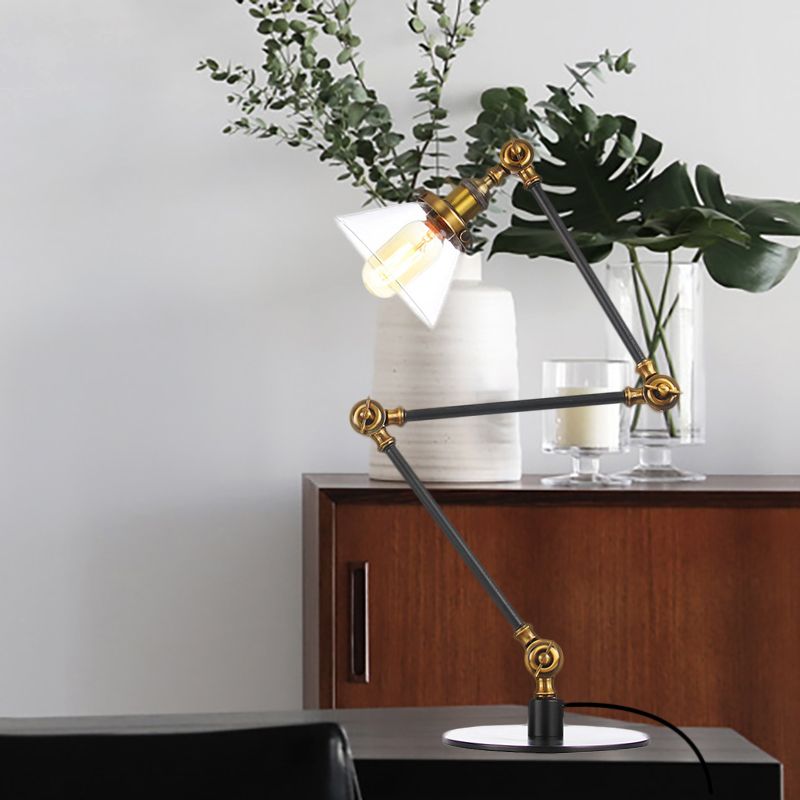 Table conique de style industriel clair Ambre / verre transparent et métal 1 lampe de table de chambre à coucher légère avec bras réglable en noir / laiton