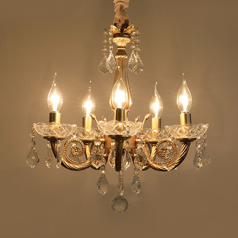 Crystal Gold Chandelier Lighting Scrolled Arm 5/6 Lights Lodge Pendant Light Fixture for Bedroom
