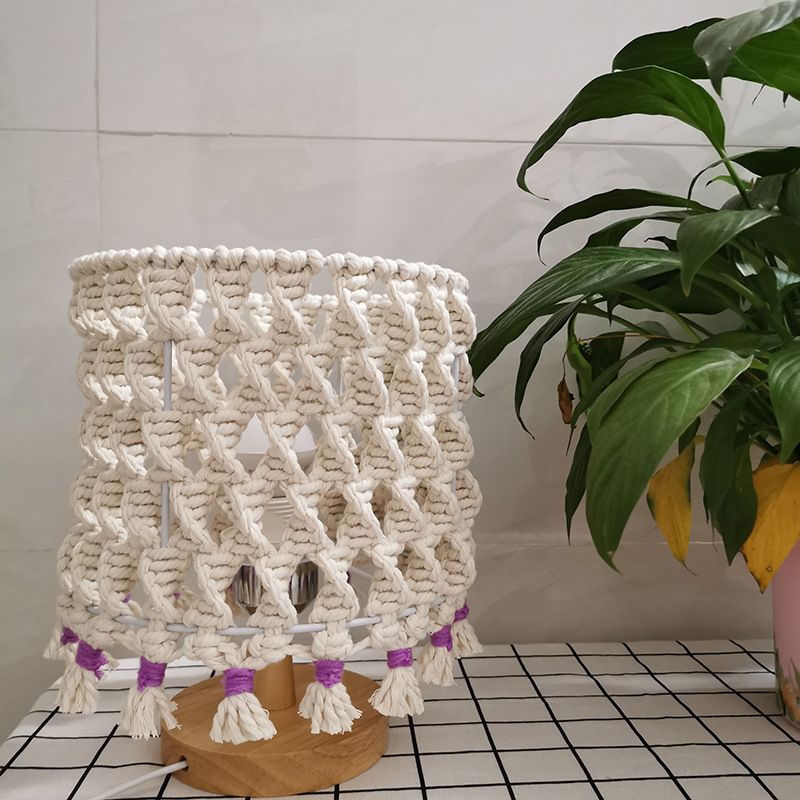 Luce notturna in corda intrecciata a 1 bulbina tradizionale tradizionale cilindro giallo camera da letto in legno