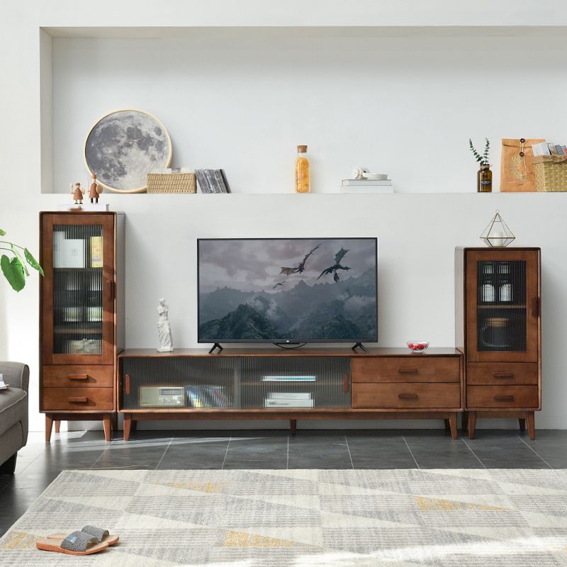 Modern Style Solid Wood Storage Sideboard Cabinet with Glass Doors in Brown