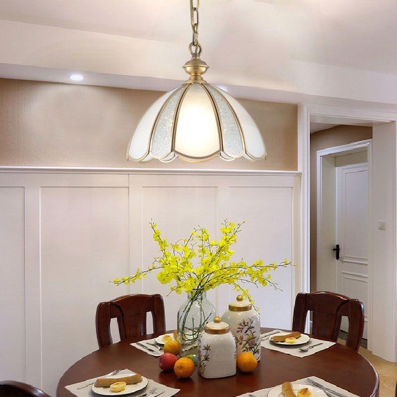 1 Bulb Ceiling Pendant Light Colonialism Kitchen Hanging Lamp with Scallop White Glass Shade