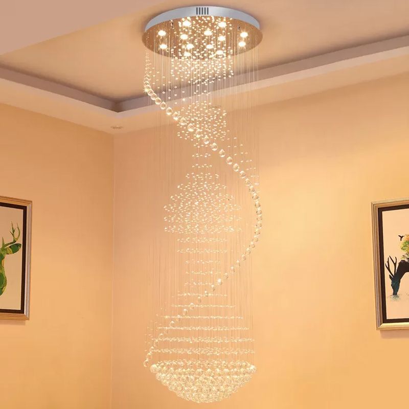 94.5" High Spiral Flush Mounted Light Modernist Crystal 13-Light Stainless Steel Ceiling Lighting