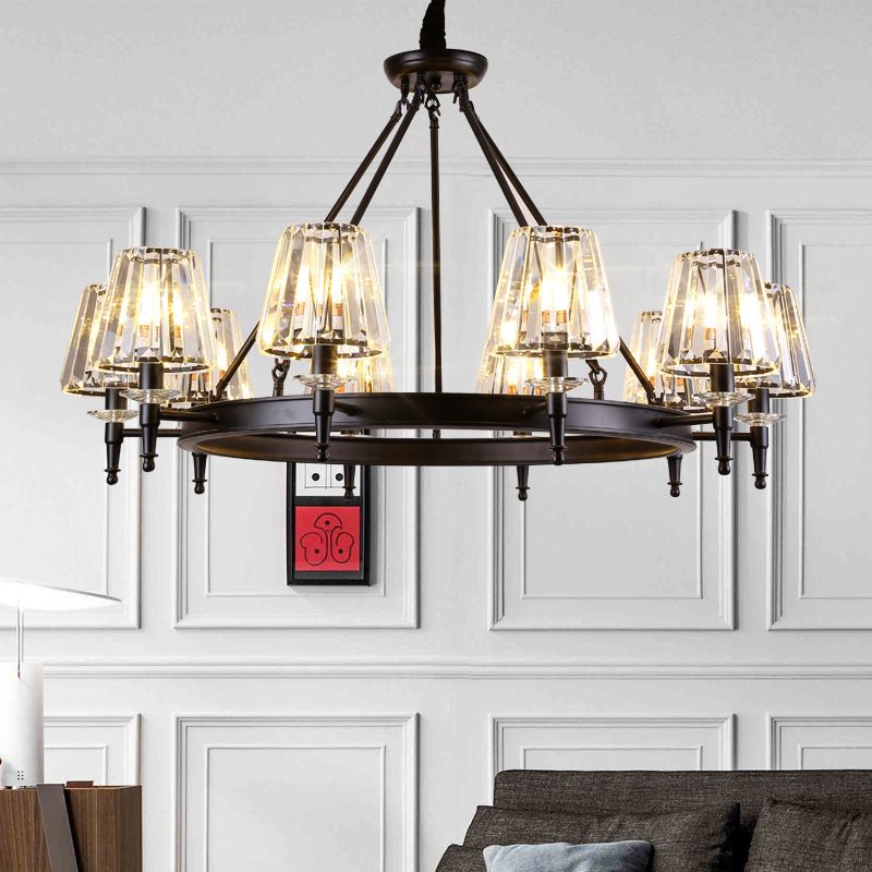 Traditional Style Crystal Chandelier Light Iron Vintage Suspension Lighting Fixture in Black for Living Room