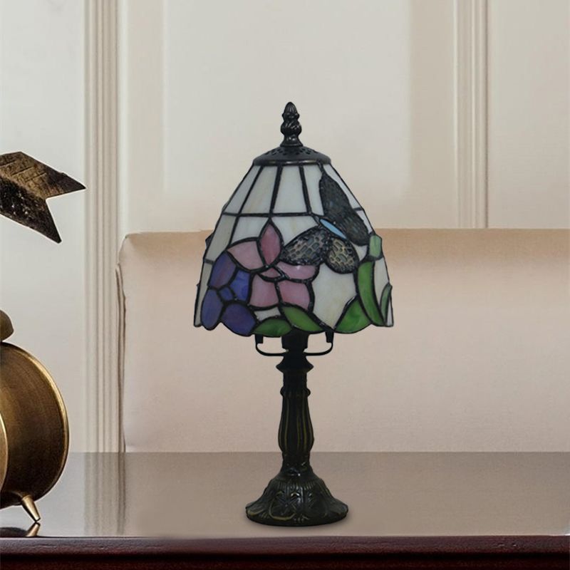 Beige/Pink Bowl Night Lamp Mediterranean 1 Bulb Hand Cut Glass Floral/Peacock Tail Patterned Table Lighting for Bedside