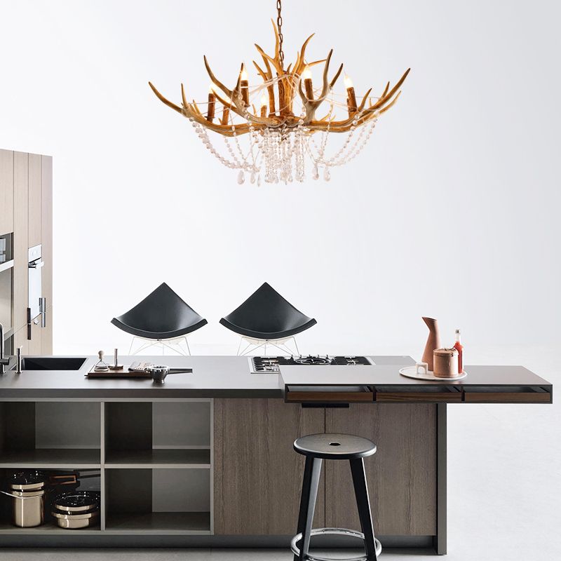 Resin Candle Chandelier Lamp Rustic 8-Head Kitchen Island Pendant Ceiling Light with Cascading Crystal in Brown