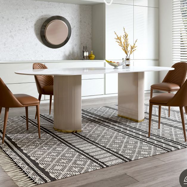 Ovale dubbele voetstuk glamour eettafel witte tint vaste tafel met gesinterde steen