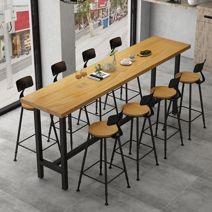 Light Brown Modern Style Bar Table Solid Wood Rectangular Bar Table with Metal Base