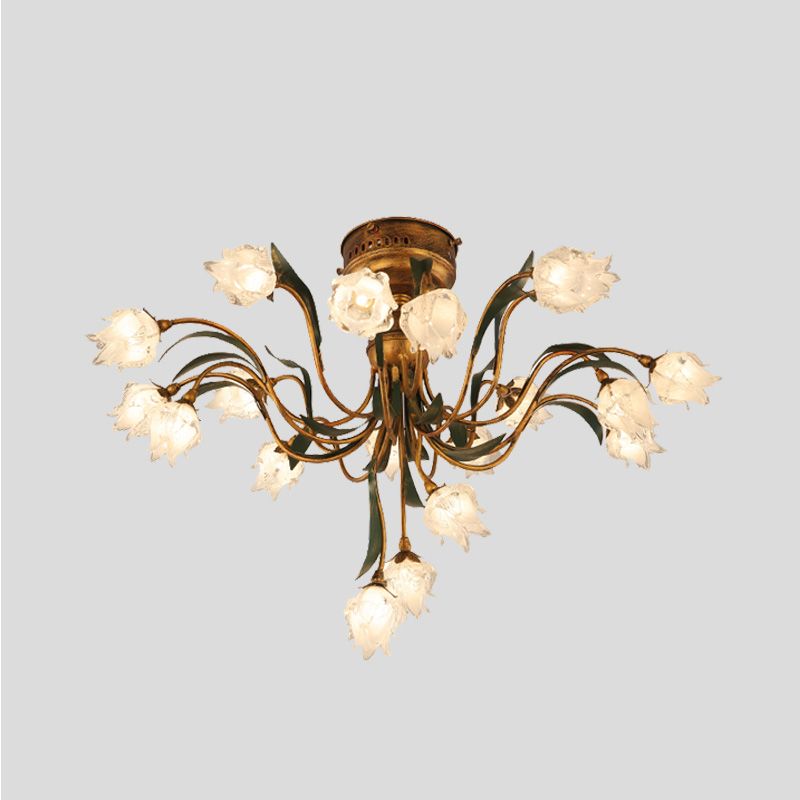 Brass Bloom Semi Flush Light Romantic Pastoral Metal 19 Bulbs Living Room LED Close to Ceiling Lamp