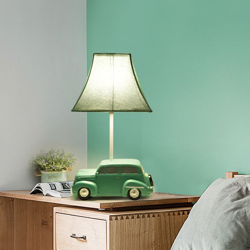 Green Car Nightstand Lamp Kids 1 Bulb Resin Table Lighting with Pagoda Fabric Lamp Shade