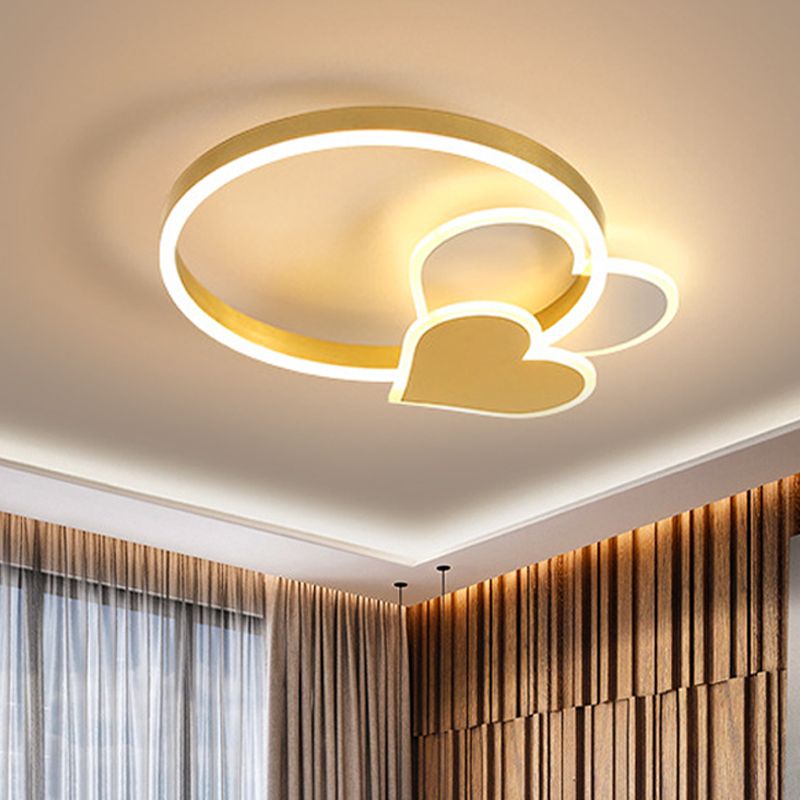 Simplicity LED Ring Ceiling Lighting Gold Loving Heart Flush Mount Lamp with Acrylic Shade in Warm/White Light