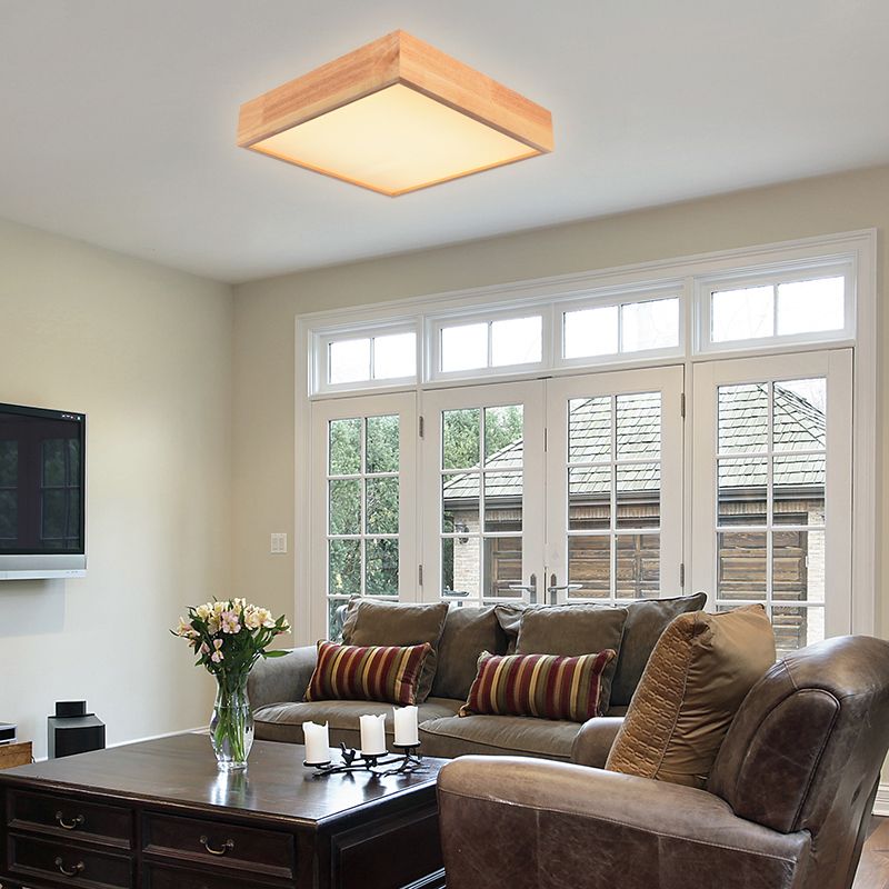Wooden Square LED Ceiling Light Fixture Contemporary 11"/15"/19" Wide 1-Light Flush Mount Lamp in Warm/White Light