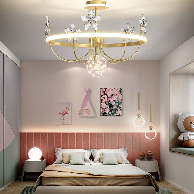 Simplicity Style Gold Circles LED Ceiling Light Crystal Petals Decorative LED Light Strings Clear Glass Globe Lighting Fixture for Bedroom