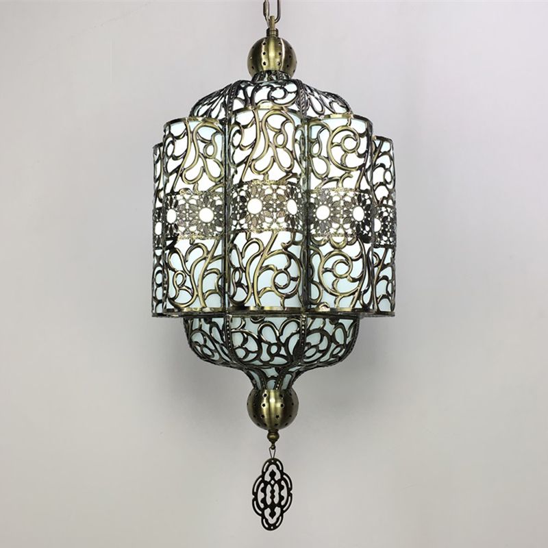 Antiqued Lantern Hanging Light Kit 4 Heads Metal Chandelier Lamp in Black with White Acrylic Shade