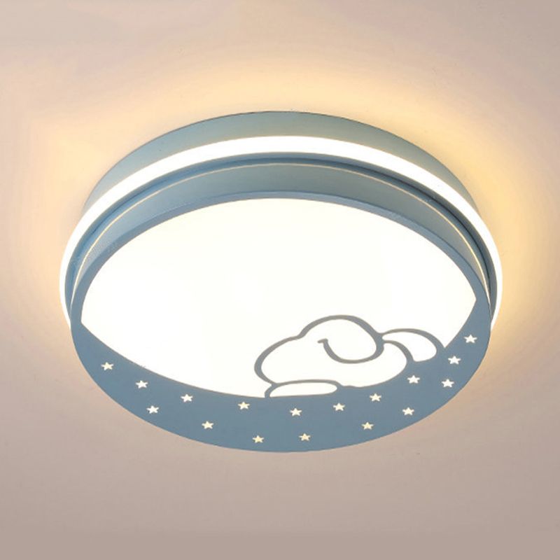 Lovely Circle LED Flush Ceiling Light with Moon & Rabbit Metal Whit Ceiling Lamp for Kindergarten