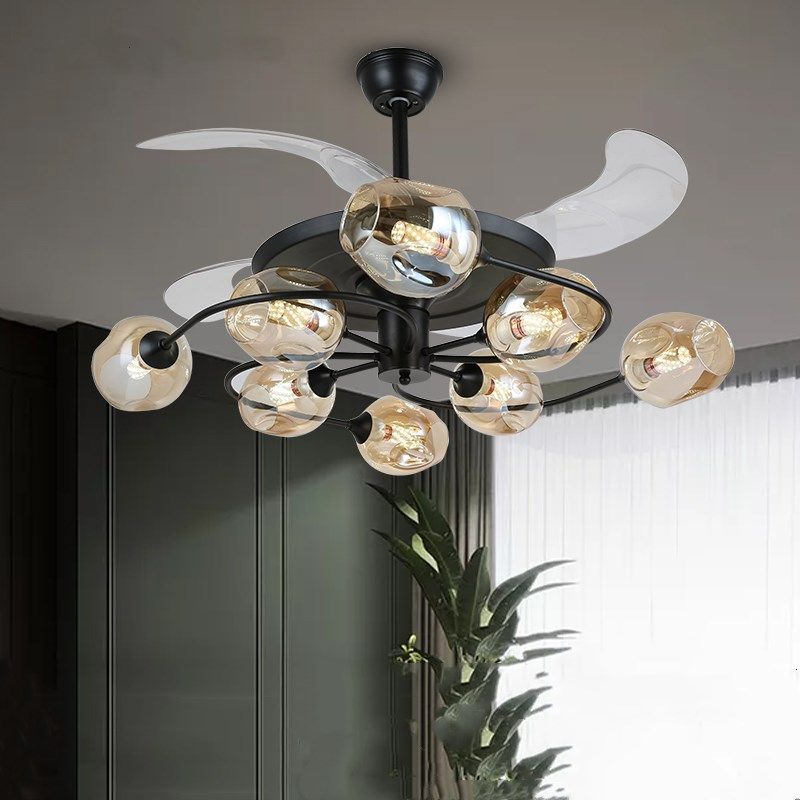 4 Blades Schlafzimmer Hanging Lüfter Lampe Postmoderne Fernbedienung Halbflush Mount Light mit Tasse Glasschatten, 42 Zoll breit