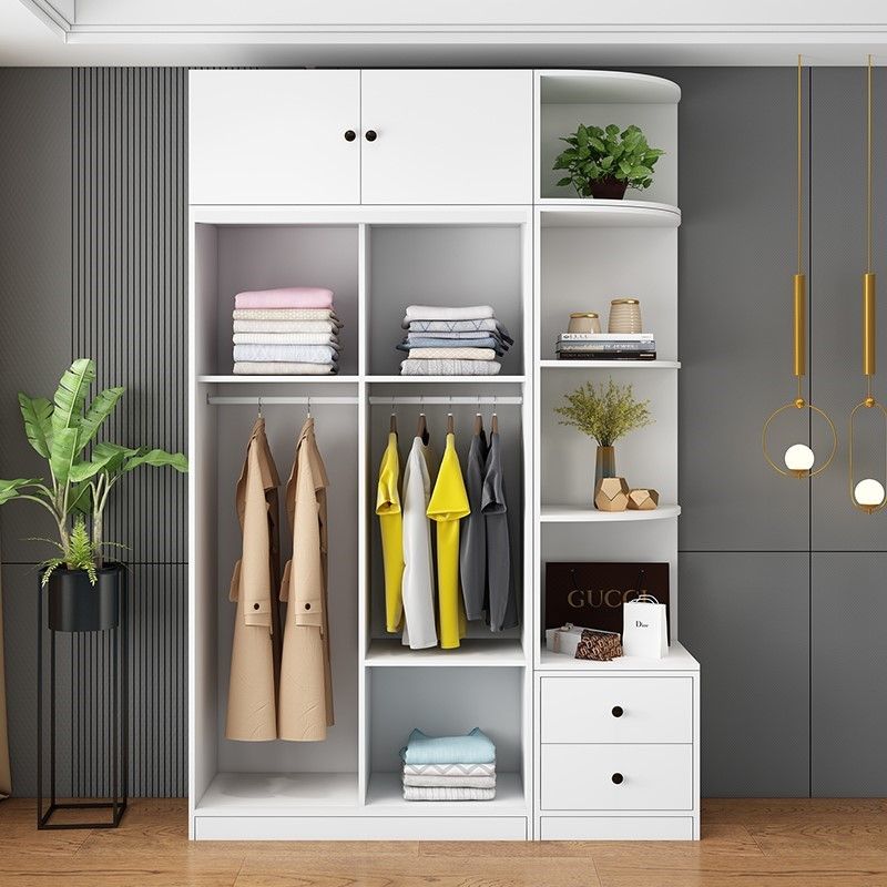 Contemporary Style Wooden Wardrobe White Colour Cloth Rod Included Wardrobe Closet
