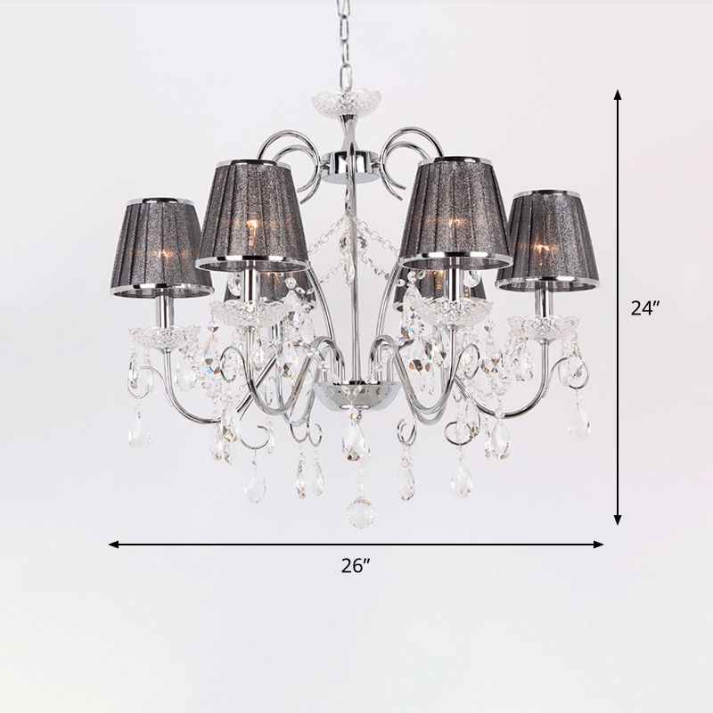 Candle-Style Chandelier Light Nordic 6-Bulb Clear K9 Crystal Ceiling Pendant Light with Pleated Fabric Shade in Grey