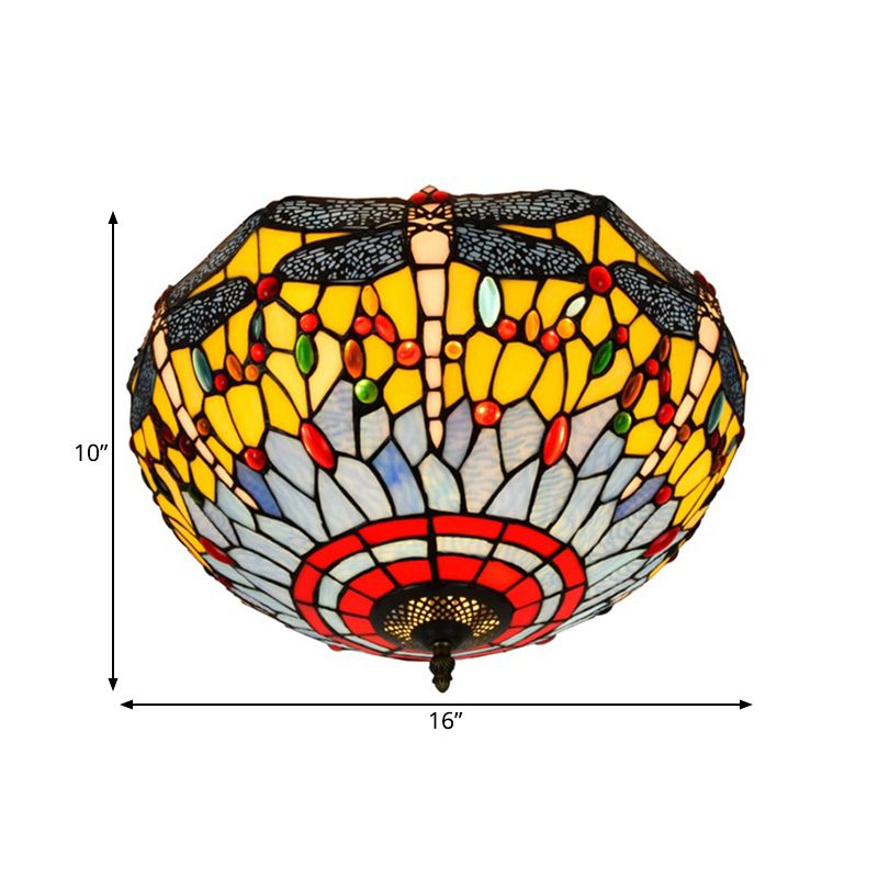 3 Heads Living Room Ceiling Mounted Fixture Tiffany Red/Yellow/Orange Flush Mount Lamp with Dragonfly Stained Glass Shade