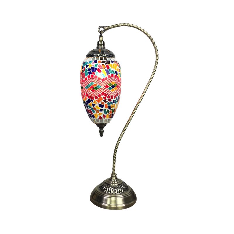 Vintage urn tafellamp oranje/watermeloen rood glas 1 kop taakverlichting met metaal gebogen arm