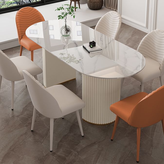 Oval Sintered Stone Dining Table Modern Table in White with Metal Double Pedestal